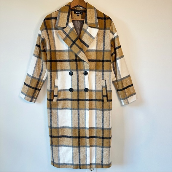 Missguided Tan Cream White Plaid Warm Long Peacoat, size US 6 - Picture 7 of 16